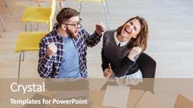  Presentation with mature students sitting at desks - PPT layouts consisting of photo of young cheerful students background and a coral colored foreground