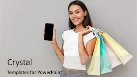  Presentation with photo display - PPT theme having photo of young cheerful woman background and a soft green colored foreground