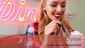  Presentation with milkshake - Slide deck featuring photo-of-young-cheerful-woman background and a red colored foreground