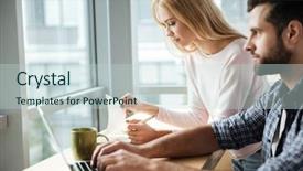  Presentation with coworking - Presentation design with photo of young concentrated two colleagues in office coworking while using laptop computer looking aside background and a lemonade colored foreground