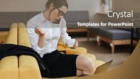  Presentation with coworking - Audience pleasing presentation theme consisting of photo of young confused business lady writing notes in notebook sitting indoors coworking looking aside drinking coffee while writing notes and talking by phone backdrop and a violet colored foreground