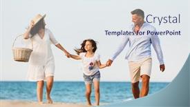  Presentation with family photo - Beautiful presentation theme featuring photo of young cute happy family having fun together at the beach backdrop and a sky blue colored foreground