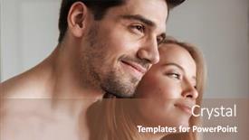  Presentation with young happy couple - Colorful PPT theme enhanced with photo of young cute pleased happy loving couple in home indoors hugging backdrop and a tawny brown colored foreground