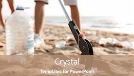  Presentation with eco plastic - Beautiful PPT theme featuring photo of young eco volunteers people cleaning beach from plastic trash and syringes at seaside backdrop and a coral colored foreground