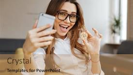  Presentation with coworking - Colorful presentation theme enhanced with photo of young excited emotional business lady talking by mobile phone sitting indoors coworking make selfie showing her golden bitcoin looking aside backdrop and a coral colored foreground