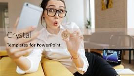  Presentation with coworking - Audience pleasing presentation consisting of photo of young excited emotional business lady talking by mobile phone sitting indoors coworking make selfie showing her golden bitcoin looking aside backdrop and a coral colored foreground