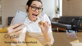  Presentation with coworking - Cool new presentation theme with photo of young excited emotional business lady talking by mobile phone sitting indoors coworking make selfie showing her golden bitcoin looking aside backdrop and a coral colored foreground