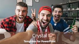  Presentation with sports fans - Cool new PPT theme with photo-of-young-excited-guys backdrop and a tawny brown colored foreground