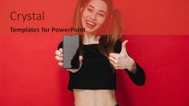  Presentation with photo display - Audience pleasing PPT theme consisting of photo of young excited lady standing isolated over red background showing display of mobile phone looking camera showing thumbs up backdrop and a red colored foreground