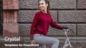  Presentation with look - Beautiful presentation theme featuring photo of young girl dressed in sweater walking with her bicycle in the city while standing near wall look aside backdrop and a dark gray colored foreground