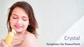  Presentation with lotion - Cool new slide deck with photo of young girl with body lotion in her hands on blank gray background backdrop and a sky blue colored foreground