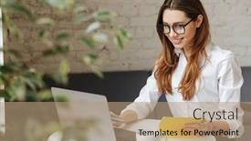 Presentation with writing notes - Colorful PPT theme enhanced with photo of young happy business woman indoors using laptop computer writing notes looking aside backdrop and a coral colored foreground