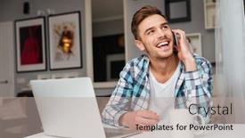  Presentation with cage - Beautiful PPT theme featuring photo of young happy man dressed in shirt in a cage print sitting in home and talking by phone while using laptop computer backdrop and a mint green colored foreground