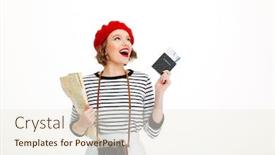  Presentation with passport - Colorful slides enhanced with photo of young happy tourist woman with camera isolated over white background wall looking aside holding map and passport with tickets backdrop and a sky blue colored foreground