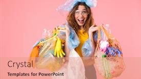  Presentation with plastic bags - PPT theme featuring photo of young happy woman holding bags with plastic waste and smiling isolated over pink background background and a coral colored foreground