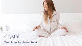  Presentation with pajama - PPT theme having photo-of-young-happy-woman background and a sky blue colored foreground