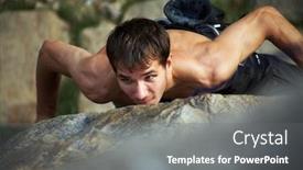  Presentation with rock climbing - Cool new PPT theme with photo of young man climbing up the rock backdrop and a gray colored foreground