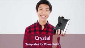  Presentation with cage - Colorful slide deck enhanced with photo of young man dressed in casual shirt in a cage and holding virtual reality device isolated over white background backdrop and a violet colored foreground