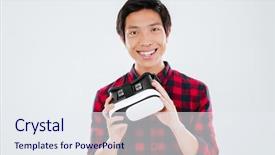  Presentation with cage - Amazing PPT layouts having photo of young man dressed in casual shirt in a cage and holding virtual reality device isolated over white background backdrop and a sky blue colored foreground