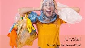  Presentation with plastic waste - Beautiful PPT theme featuring photo of young nervous woman with pack on her head holding bag with plastic waste isolated over pink background backdrop and a gold colored foreground