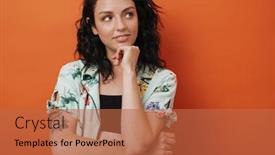  Presentation with optimistic - Cool new PPT theme with photo-of-young-optimistic-smiling backdrop and a red colored foreground