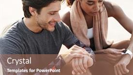  Presentation with sportswear - Presentation design consisting of photo of young pleased couple in sportswear sitting and using stopwatch while working out at playground outdoors background and a coral colored foreground