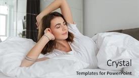  Presentation with photo - Audience pleasing slide deck consisting of photo of young pretty woman dressed in white t-shirt lies in bed at home indoors stretching and yawning backdrop and a light gray colored foreground