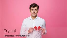  Presentation with broken heart - Cool new presentation with photo of young sad man standing isolated over pink background holding broken heart looking camera backdrop and a coral colored foreground