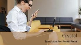  Presentation with coworking - Cool new presentation with photo of young screaming angry business woman using laptop computer and mobile phone sitting indoors coworking looking aside backdrop and a coral colored foreground