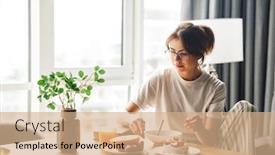  Presentation with eating - Beautiful PPT theme featuring photo-of-young-serious-woman backdrop and a coral colored foreground