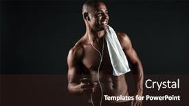  Presentation with man holding phone - Slide set consisting of photo of young smiling afro american sports man with towel holding phone and listen to music isolated on black background background and a wine colored foreground