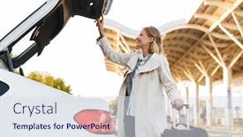  Presentation with car parking - Colorful PPT layouts enhanced with photo-of-young-smiling-businesswoman backdrop and a sky blue colored foreground