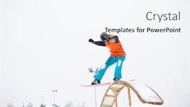  Presentation with snowboard - PPT theme enhanced with photo of young sportive man skiing on snowboard with springboard against snowy sky in winter background and a sky blue colored foreground