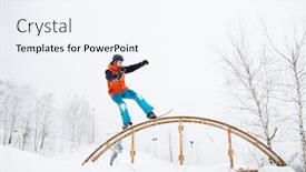  Presentation with snowboard - Cool new slides with photo of young sportive man skiing on snowboard with springboard against background of trees backdrop and a sky blue colored foreground