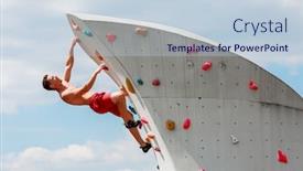  Presentation with rock climbing - Slides with photo of young sportsman in red shorts on wall for rock climbing against blue sky with clouds background and a lemonade colored foreground