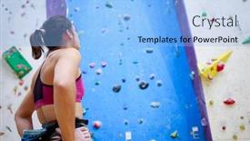  Presentation with rock climbing - Cool new PPT theme with photo of young sportwoman from back with hands on waist-standing next to wall for rock climbing backdrop and a light blue colored foreground