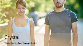  Presentation with sporty - Cool new slide deck with photo of young sporty couple in activewear outdoors backdrop and a soft green colored foreground