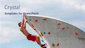  Presentation with rock climbing - Audience pleasing slides consisting of photo of young sporty man in red shorts practicing on wall for rock climbing against blue sky with clouds backdrop and a sky blue colored foreground