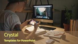  Presentation with mobile games - Cool new slide set with photo of young woman designer backdrop and a tawny brown colored foreground