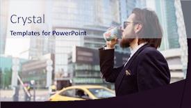  Presentation with rise - Amazing PPT theme having photo on side of young brunet with beard and earring in ear drinking from glass in city on background of high-rise buildings yellow car backdrop and a lemonade colored foreground