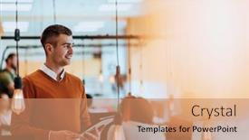  Presentation with company - Theme consisting of photo-portrait-of-a-manager background and a coral colored foreground