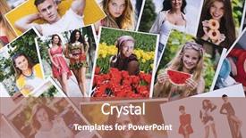  Presentation with photo collage - Beautiful PPT theme featuring photo printing products a collage of printed portrait photos laid out on the table backdrop and a coral colored foreground