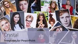  Presentation with photo collage - Presentation theme enhanced with photo printing products a collage of printed portrait photos laid out on the table background and a light blue colored foreground