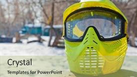  Presentation with game - PPT layouts with photo protective mask for paintball game on a spring sunny day outdoor background and a yellow colored foreground