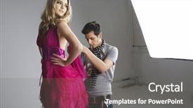  Presentation with makeup fashion model applying lipstick - PPT layouts enhanced with photo shoot - designer adjusting dress on fashion background and a gray colored foreground