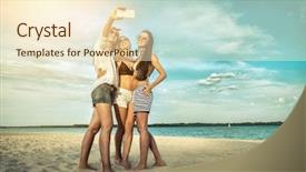  Presentation with three - Presentation theme featuring photo shoot - three young pretty women background and a  colored foreground