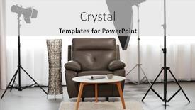  Presentation with room interior design - Slides consisting of photo studio with design interior of living room background and a light gray colored foreground