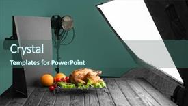  Presentation with shooting - Cool new presentation design with photo studio with professional lighting equipment for shooting food backdrop and a ocean colored foreground