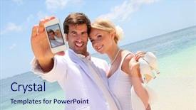  Presentation with married couple - Amazing presentation design having photo wedding - just married couple taking picture backdrop and a sky blue colored foreground