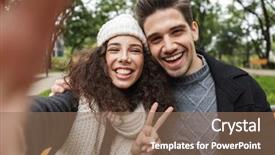  Presentation with man and woman - Colorful PPT theme enhanced with photo while sitting on bench backdrop and a coral colored foreground